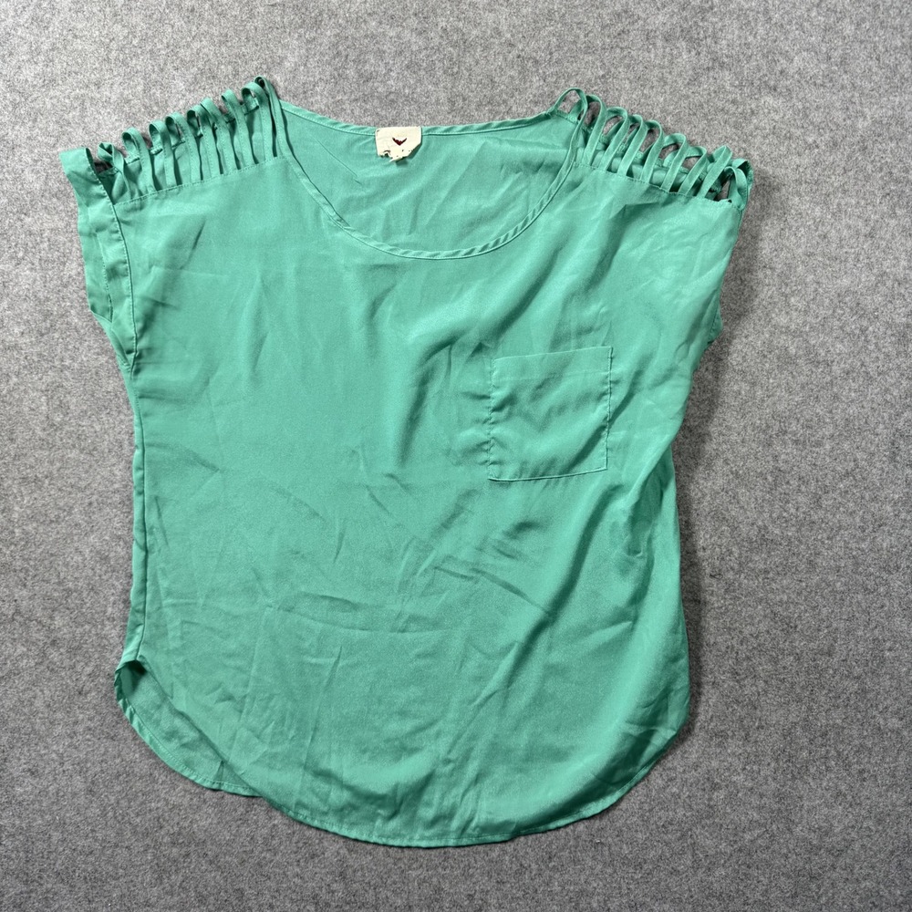 Papaya Womens Cutout Lattice Shoulder Blouse Large Teal Green Polyester